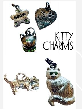 5 NEW Kitty Cat Charms Silvertone Green Crystals Yarn Ball Meow Perfect Pet